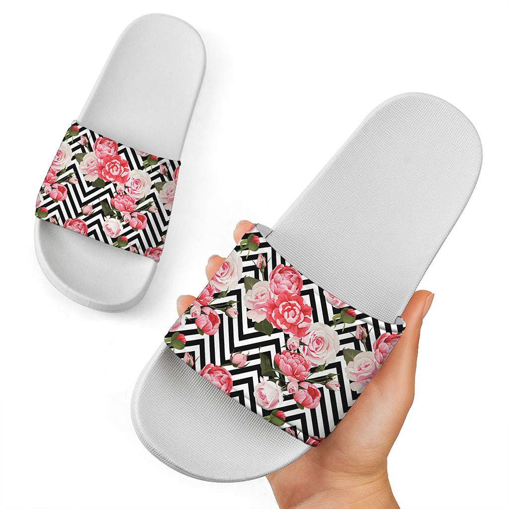 Zigzag Peony And Rose Pattern Print White Slide Sandals