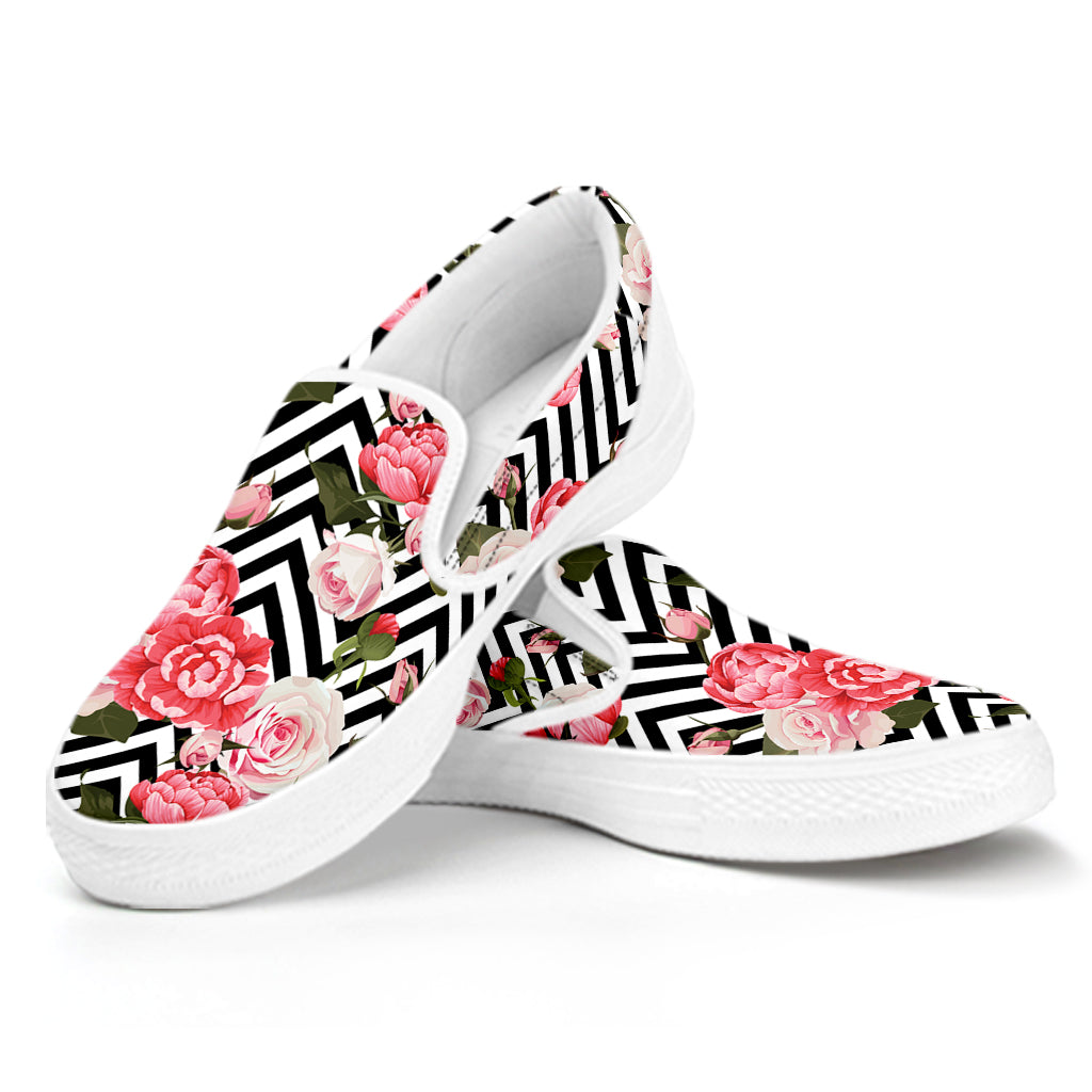 Zigzag Peony And Rose Pattern Print White Slip On Shoes