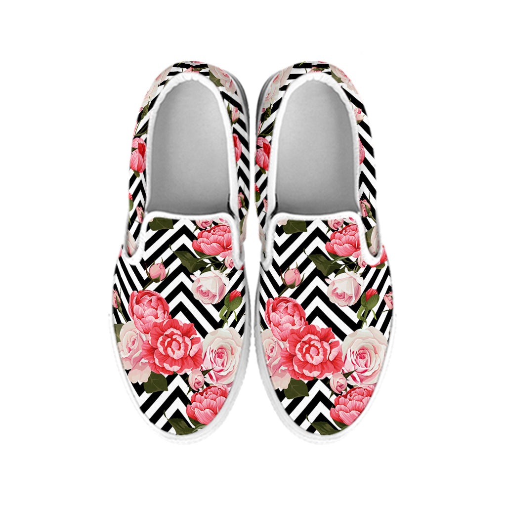 Zigzag Peony And Rose Pattern Print White Slip On Shoes
