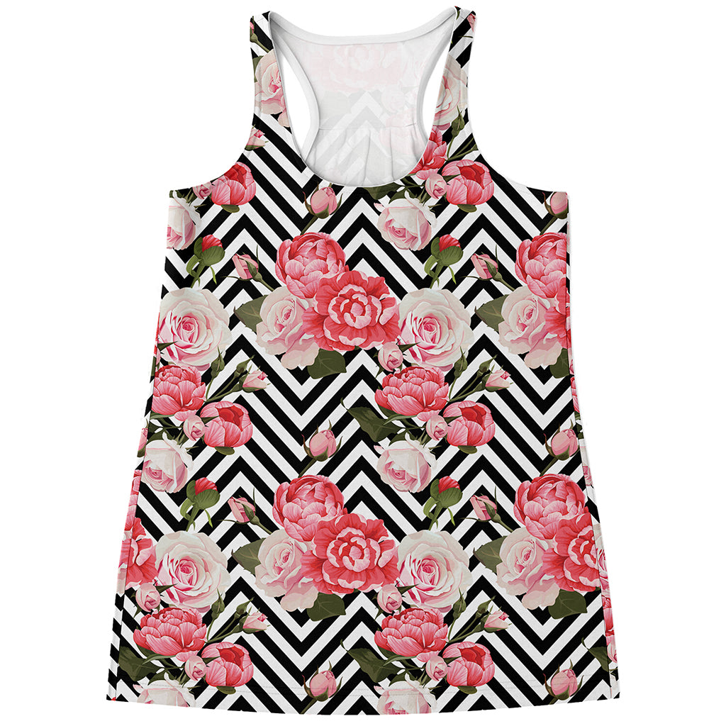 Zigzag Peony And Rose Pattern Print Women's Racerback Tank Top