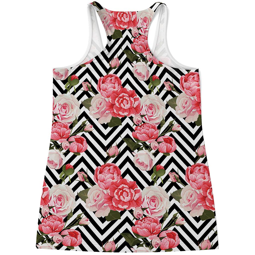Zigzag Peony And Rose Pattern Print Women's Racerback Tank Top