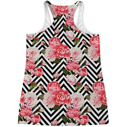 Zigzag Peony And Rose Pattern Print Women's Racerback Tank Top