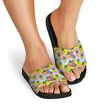 Zigzag Pineapple Pattern Print Black Slide Sandals