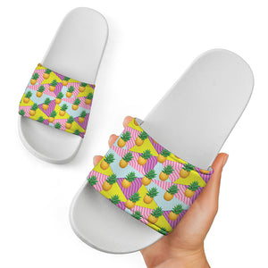Zigzag Pineapple Pattern Print White Slide Sandals