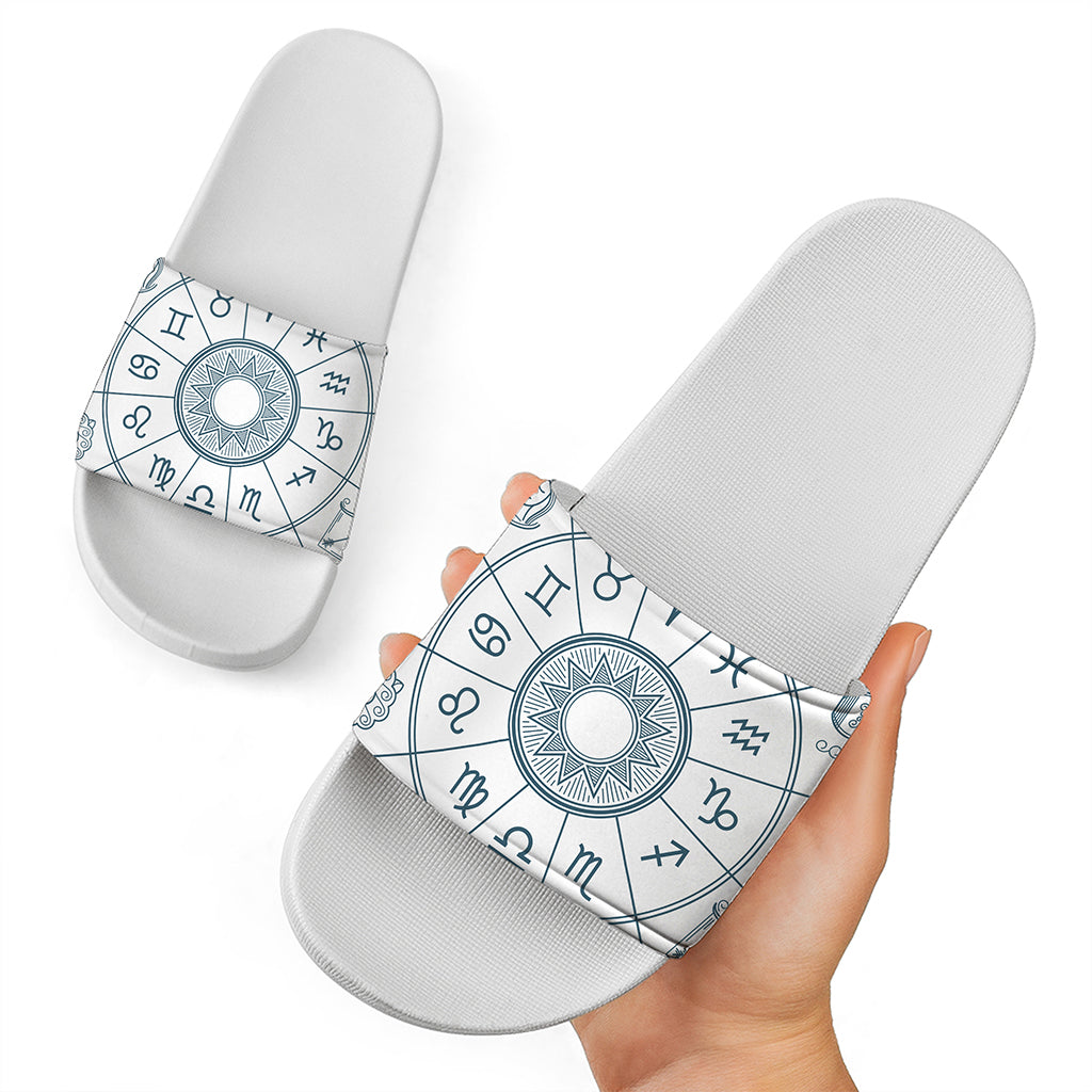 Zodiac Astrology Signs Print White Slide Sandals