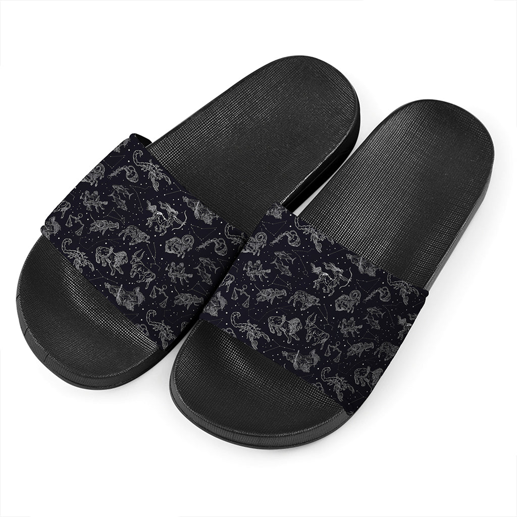 Zodiac Constellation Pattern Print Black Slide Sandals