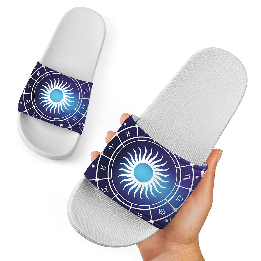 Zodiac Horoscopes Print White Slide Sandals