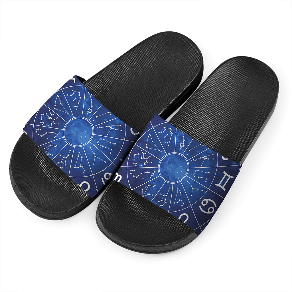 Zodiac Signs Wheel Print Black Slide Sandals