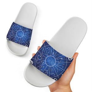 Zodiac Signs Wheel Print White Slide Sandals