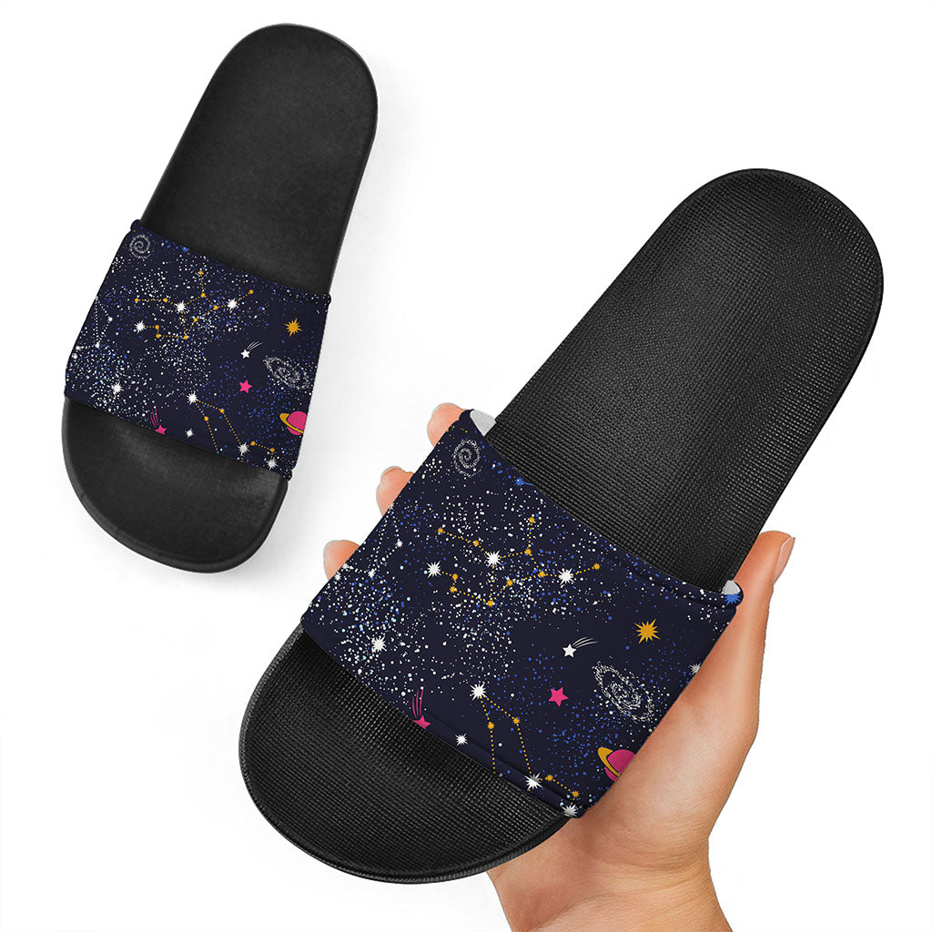 Zodiac Star Signs Galaxy Space Print Black Slide Sandals