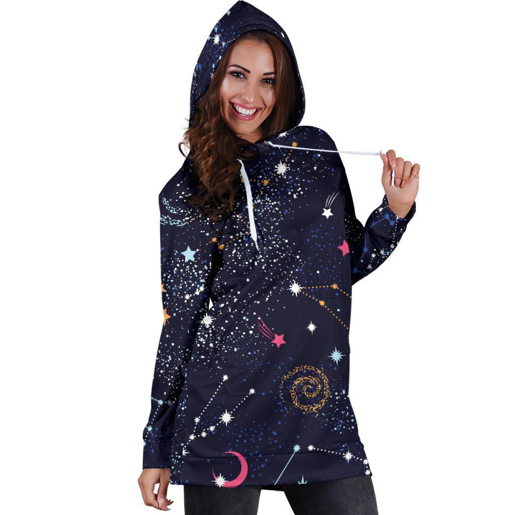 Zodiac Star Signs Galaxy Space Print Hoodie Dress GearFrost