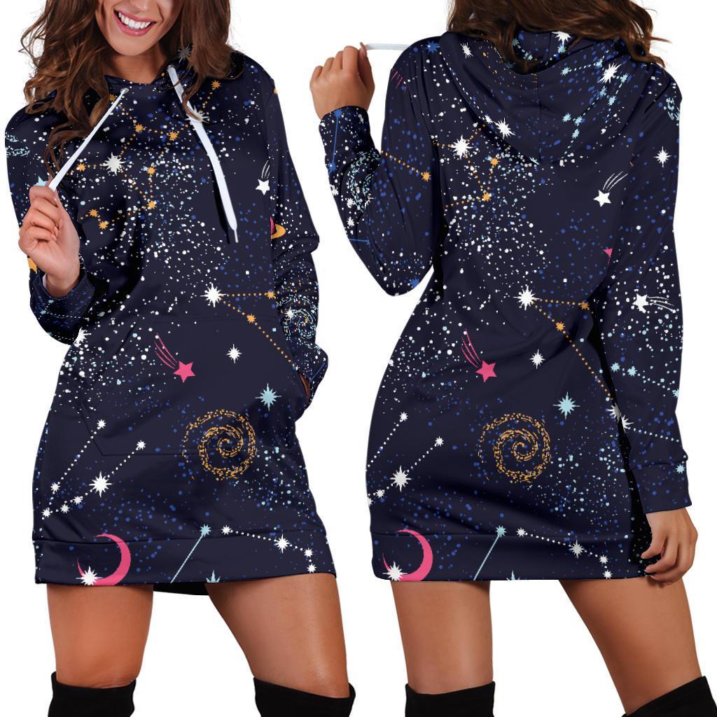 Zodiac Star Signs Galaxy Space Print Hoodie Dress GearFrost