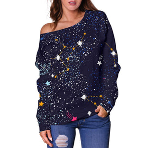 Zodiac Star Signs Galaxy Space Print Off Shoulder Sweatshirt GearFrost