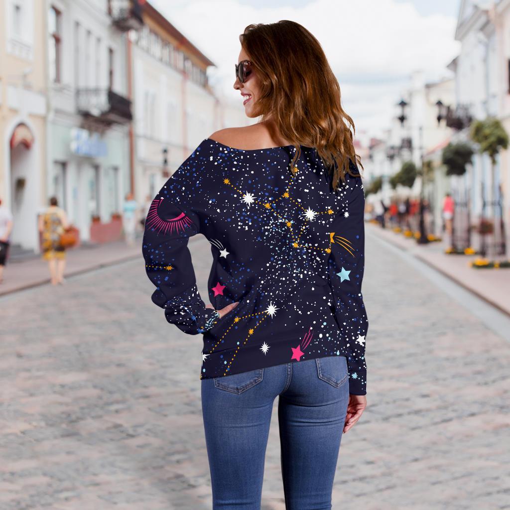 Zodiac Star Signs Galaxy Space Print Off Shoulder Sweatshirt GearFrost