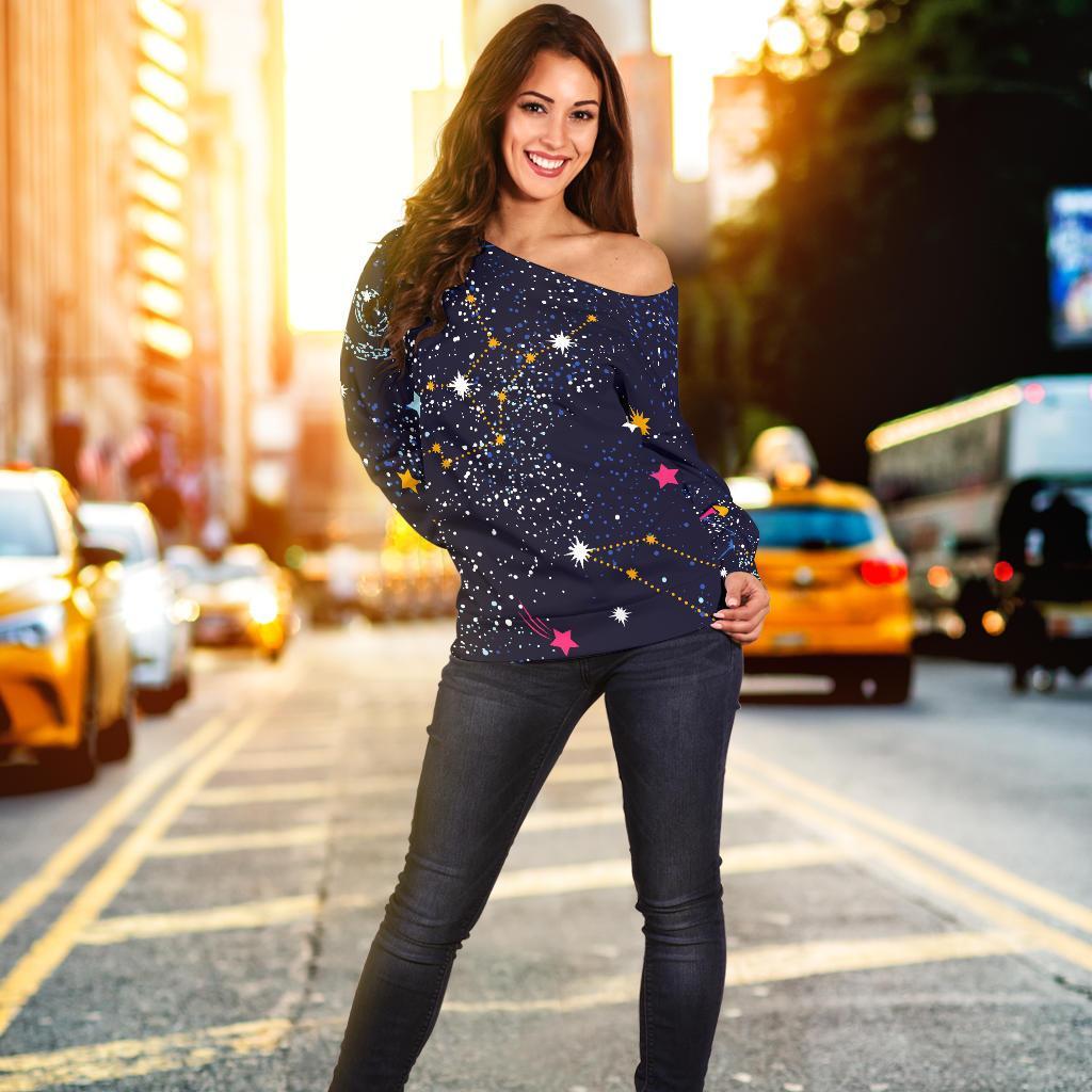 Zodiac Star Signs Galaxy Space Print Off Shoulder Sweatshirt GearFrost