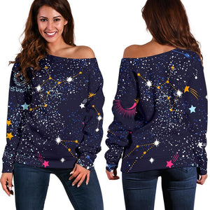 Zodiac Star Signs Galaxy Space Print Off Shoulder Sweatshirt GearFrost