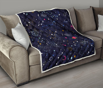 Zodiac Star Signs Galaxy Space Print Quilt