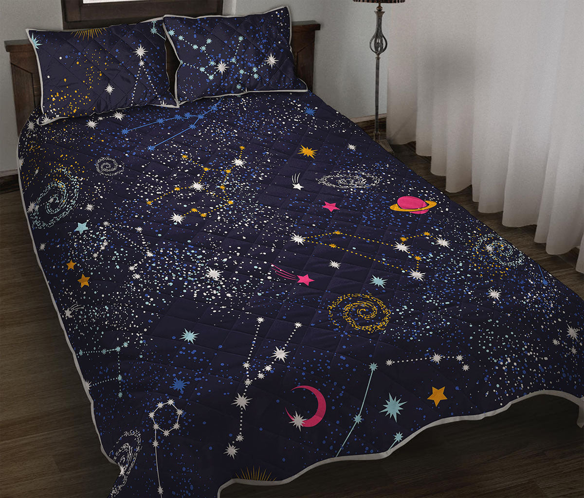 Zodiac Star Signs Galaxy Space Print Quilt Bed Set