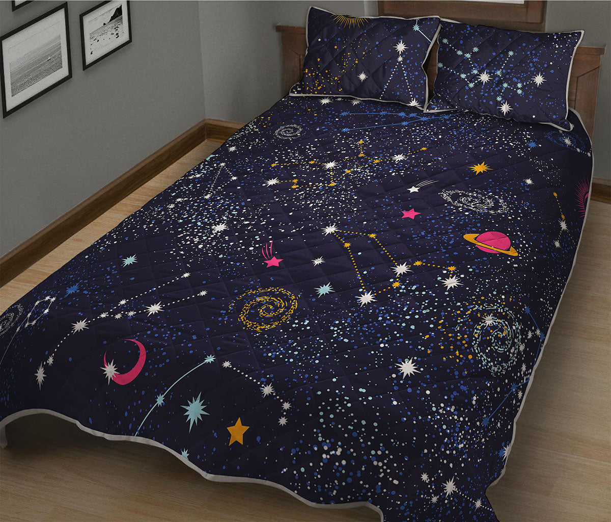 Zodiac Star Signs Galaxy Space Print Quilt Bed Set