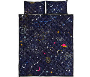 Zodiac Star Signs Galaxy Space Print Quilt Bed Set