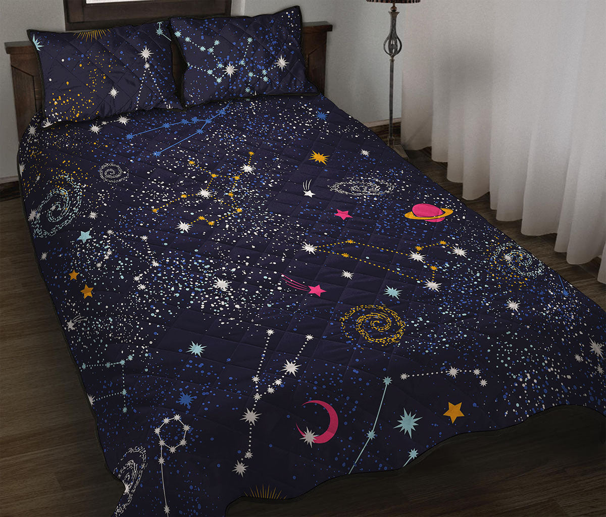 Zodiac Star Signs Galaxy Space Print Quilt Bed Set