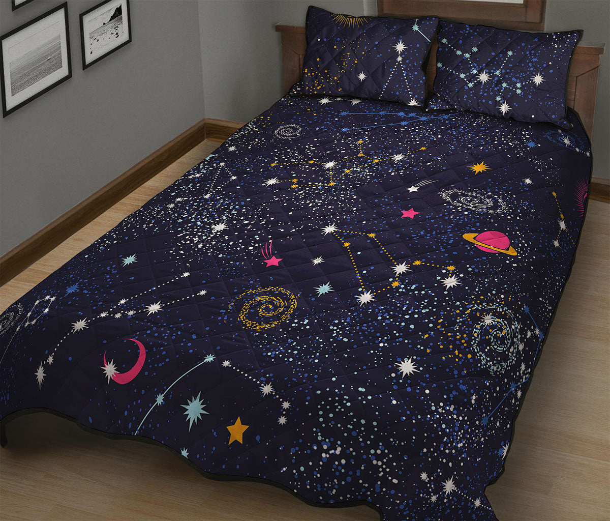 Zodiac Star Signs Galaxy Space Print Quilt Bed Set