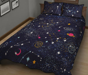 Zodiac Star Signs Galaxy Space Print Quilt Bed Set