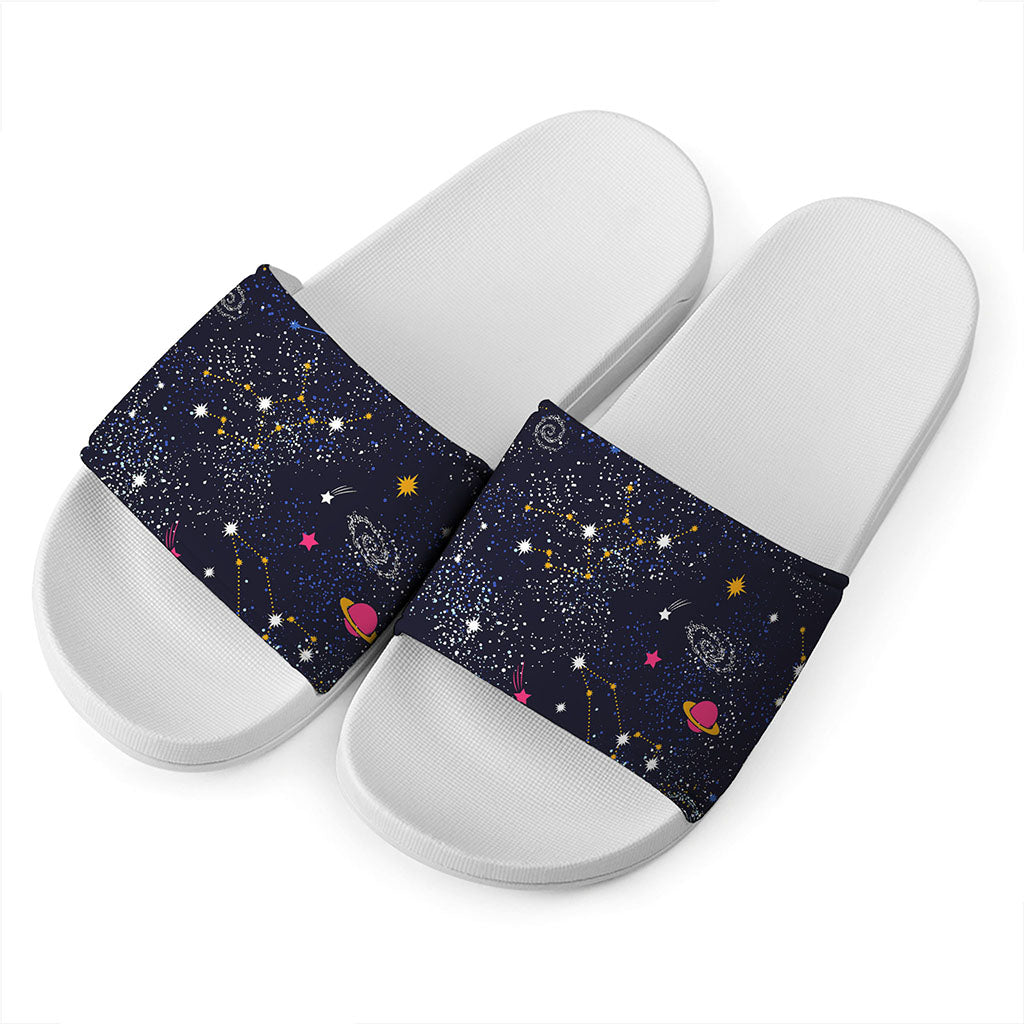 Zodiac Star Signs Galaxy Space Print White Slide Sandals