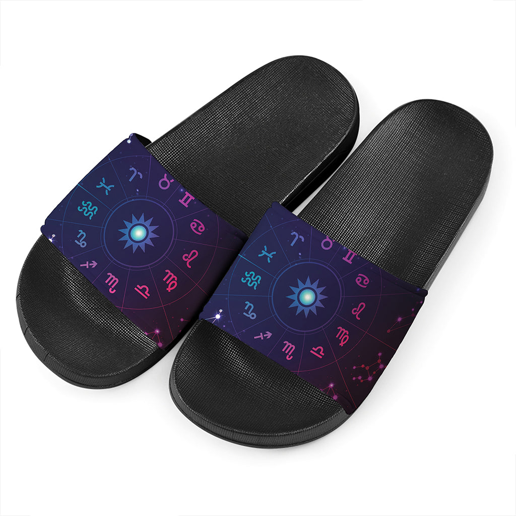 Zodiac Symbols Wheel Print Black Slide Sandals
