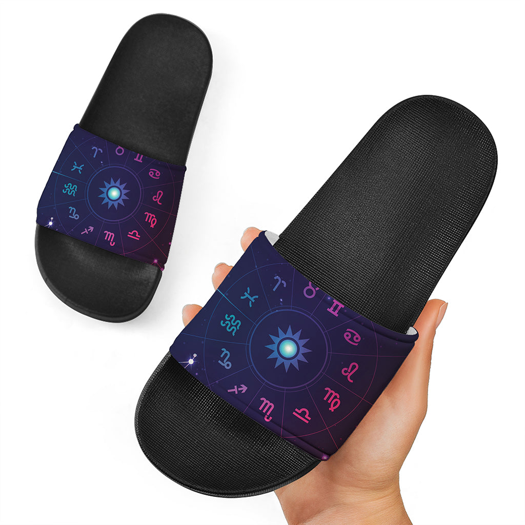 Zodiac Symbols Wheel Print Black Slide Sandals