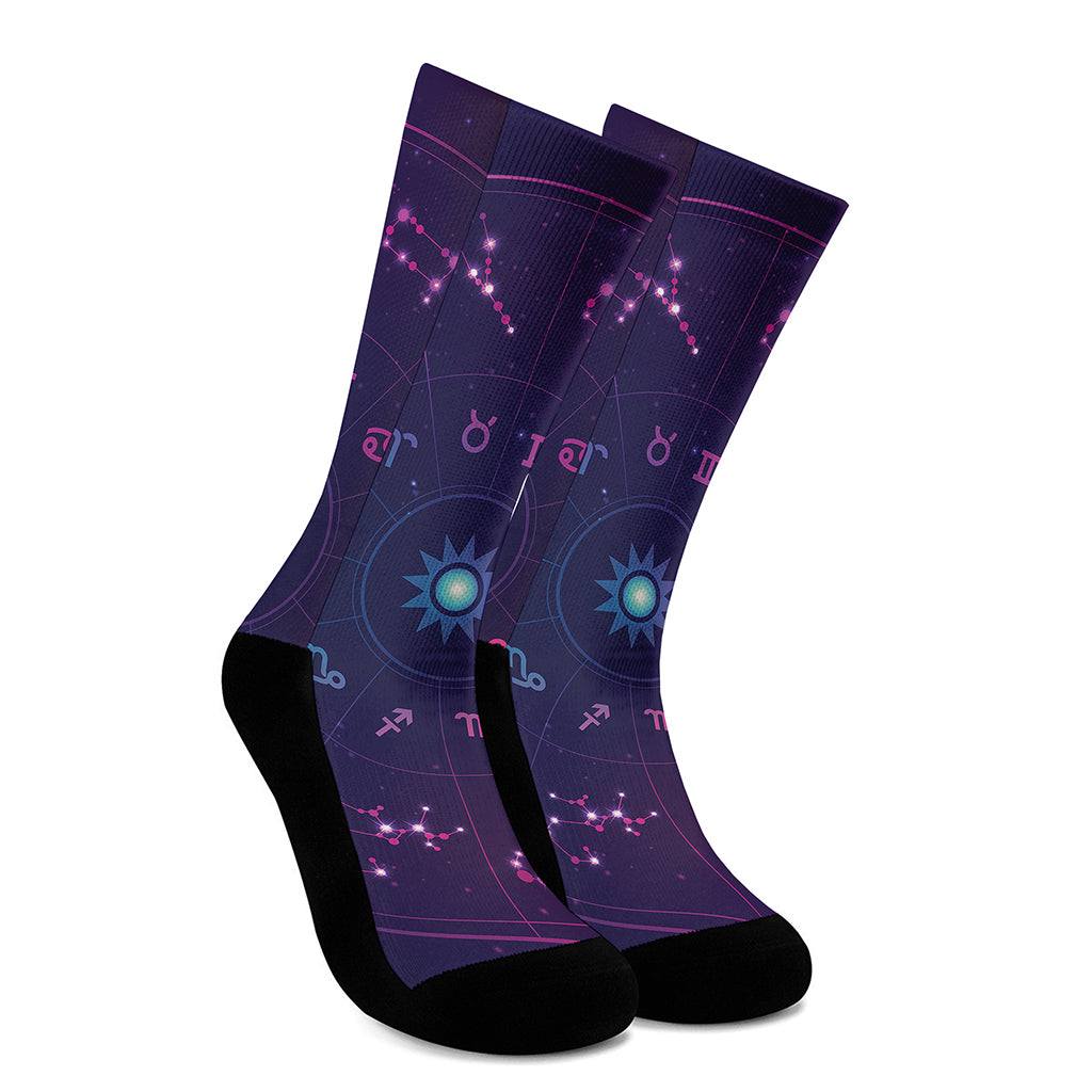 Zodiac Symbols Wheel Print Crew Socks