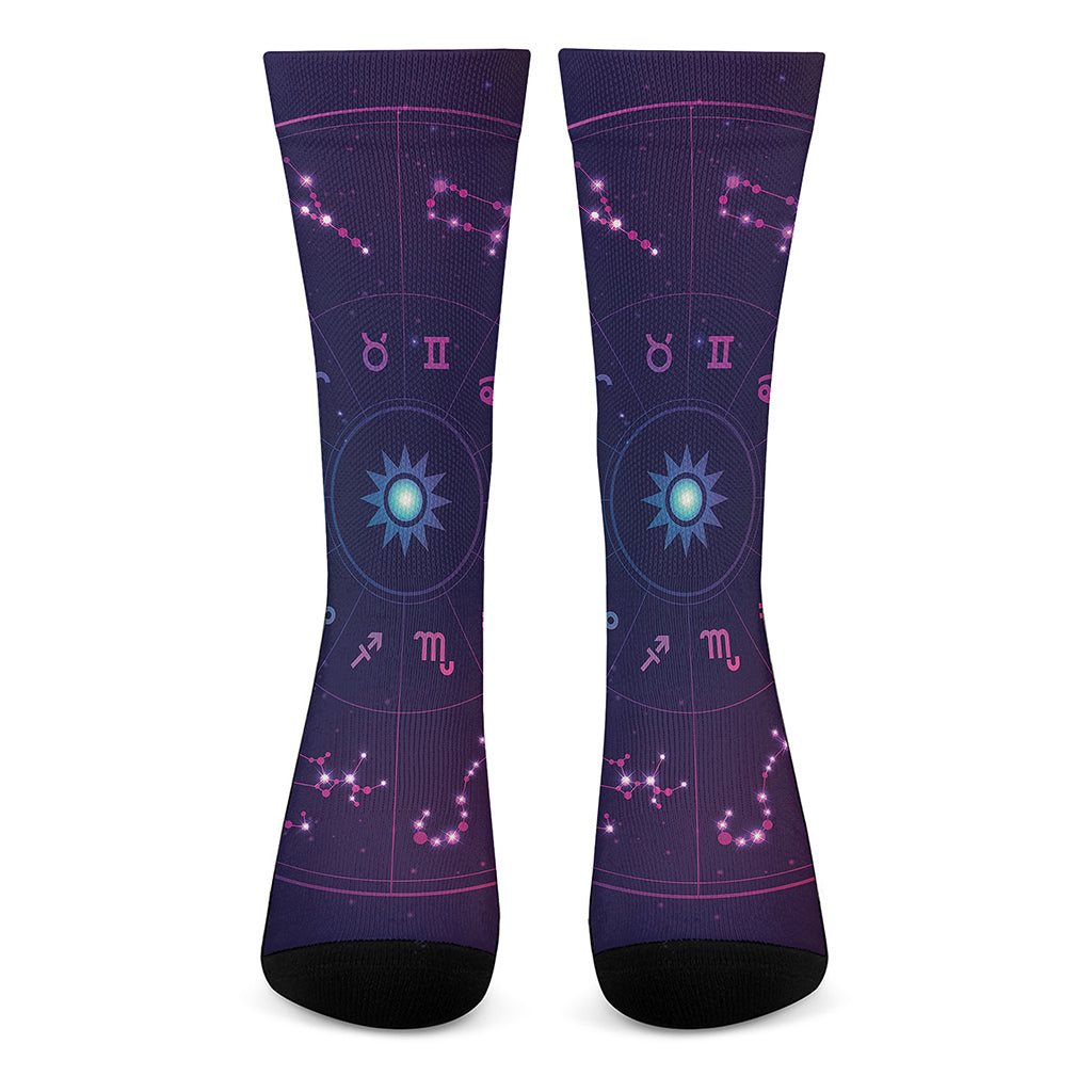 Zodiac Symbols Wheel Print Crew Socks