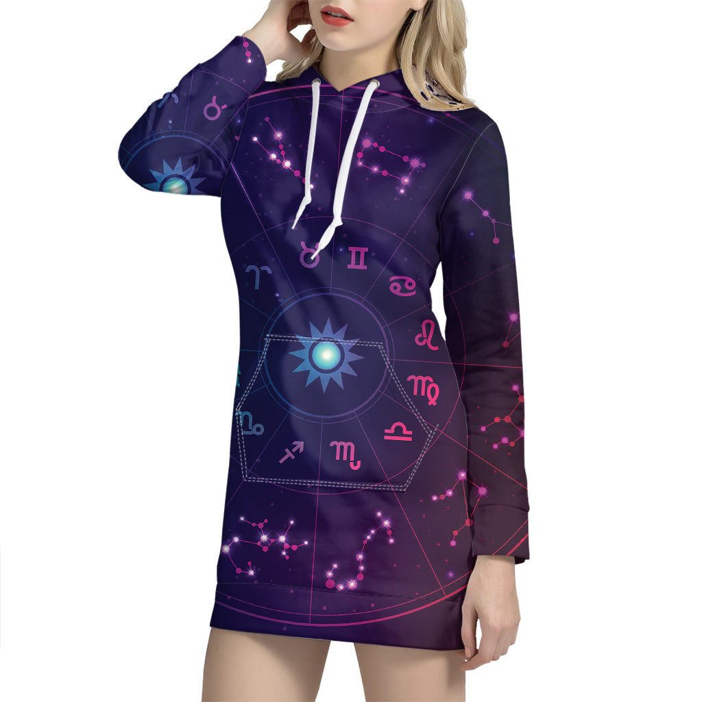 Zodiac Symbols Wheel Print Pullover Hoodie Dress