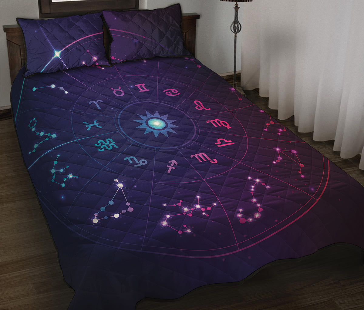 Zodiac Symbols Wheel Print Quilt Bed Set