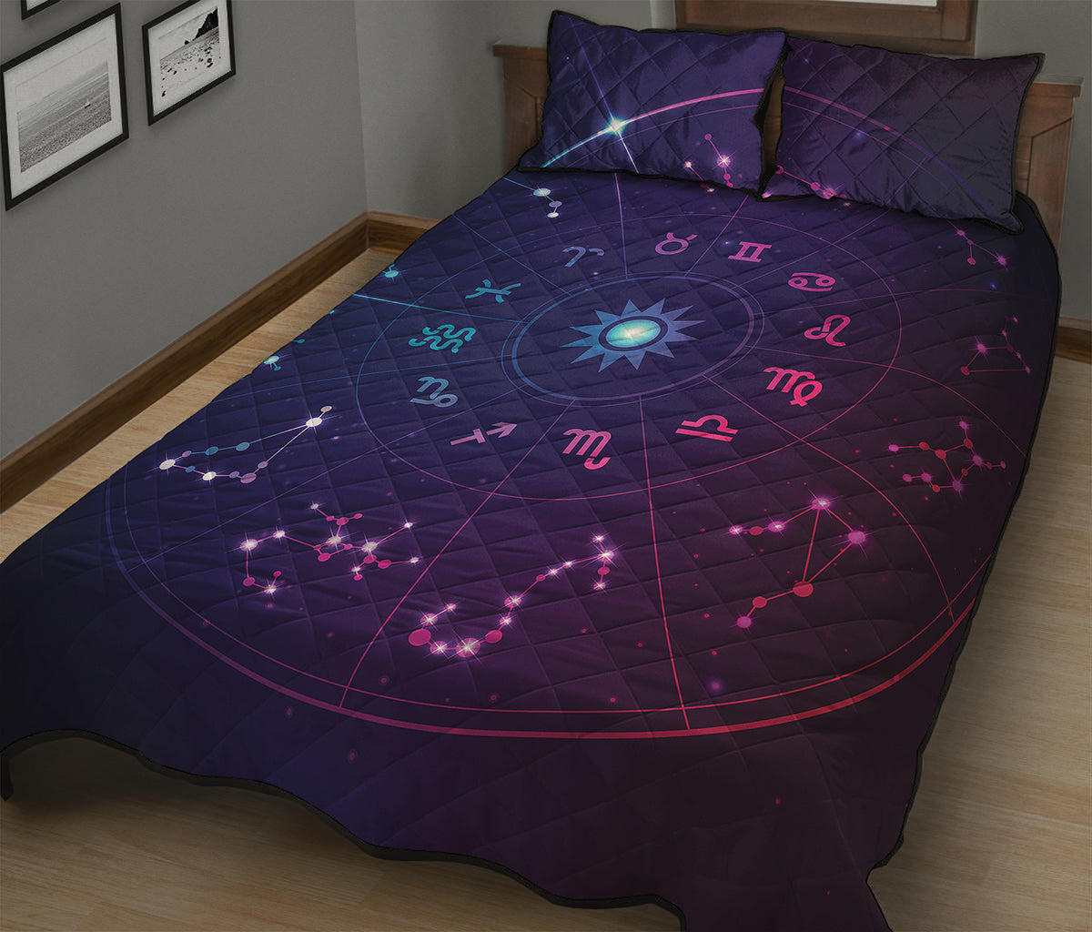 Zodiac Symbols Wheel Print Quilt Bed Set