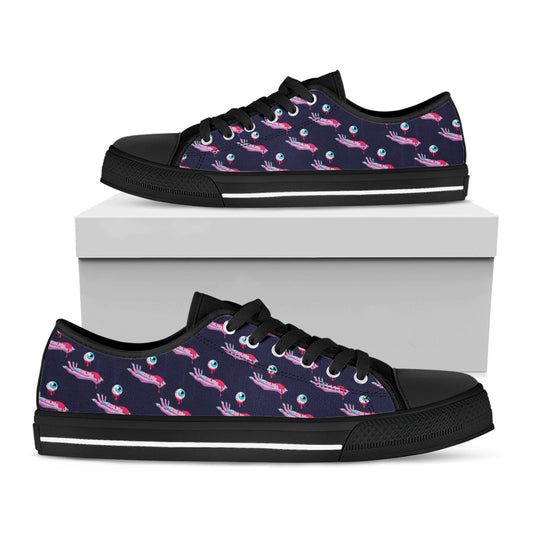 Zombie Eyeball Pattern Print Black Low Top Shoes