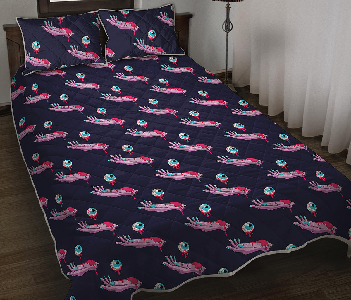 Zombie Eyeball Pattern Print Quilt Bed Set