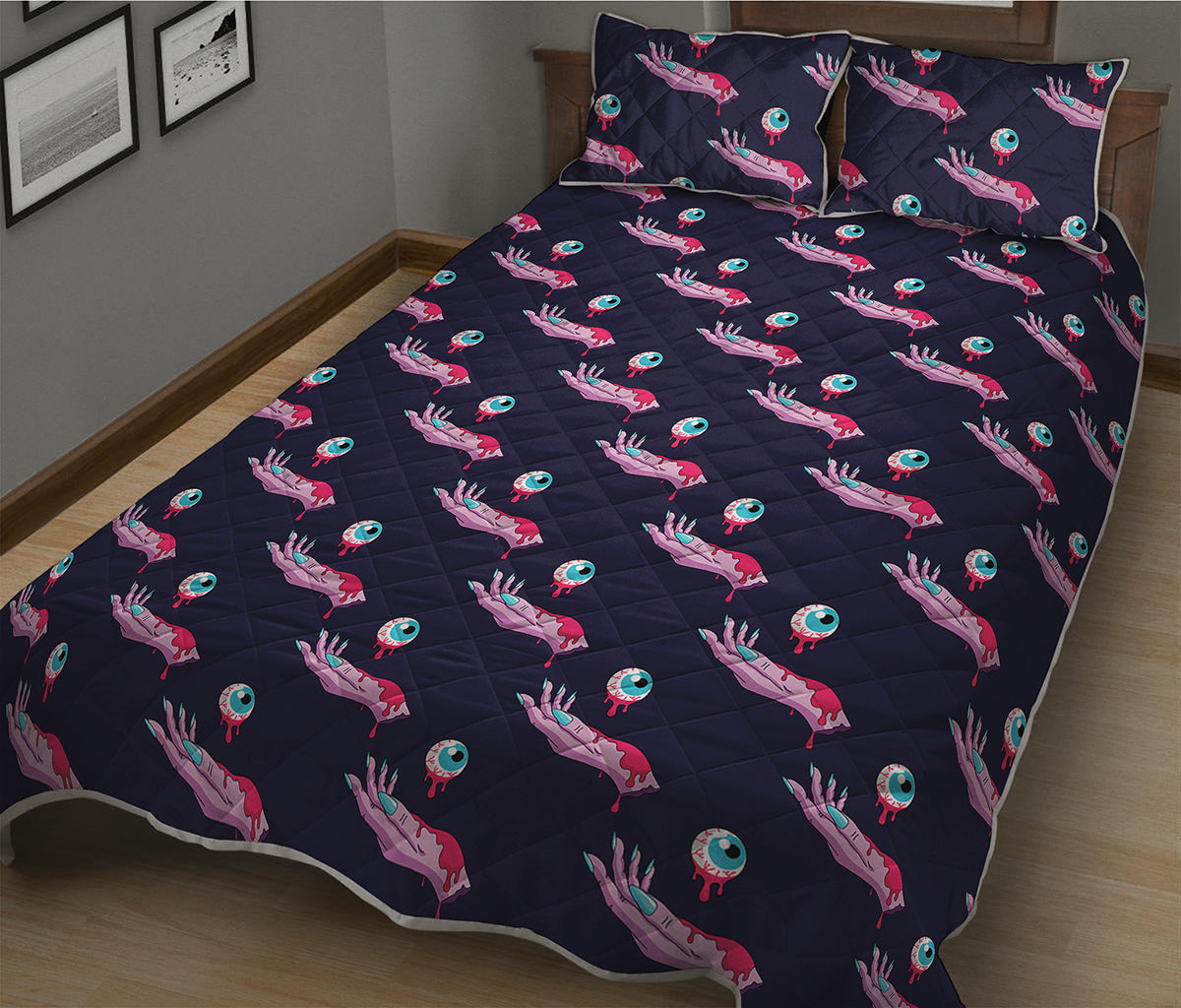 Zombie Eyeball Pattern Print Quilt Bed Set