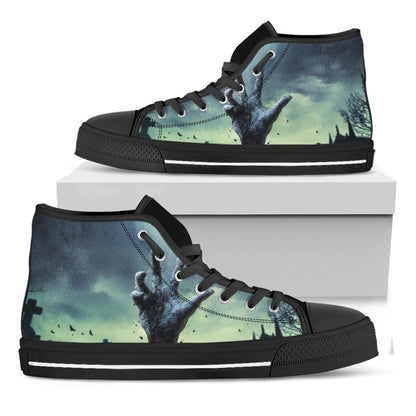 Zombie Hand Rising From Grave Print Black High Top Shoes