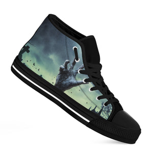 Zombie Hand Rising From Grave Print Black High Top Shoes