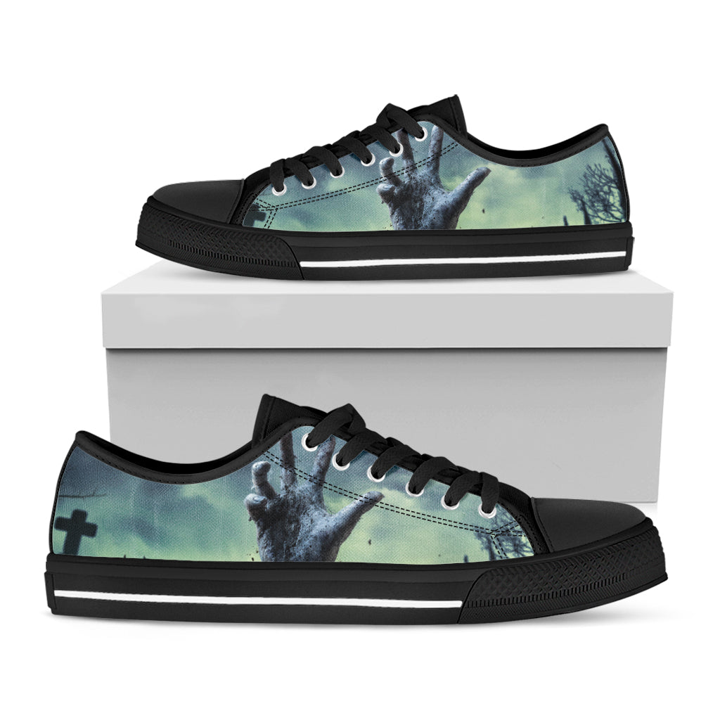 Zombie Hand Rising From Grave Print Black Low Top Shoes