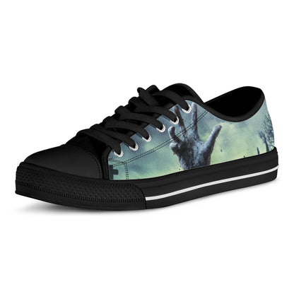 Zombie Hand Rising From Grave Print Black Low Top Shoes