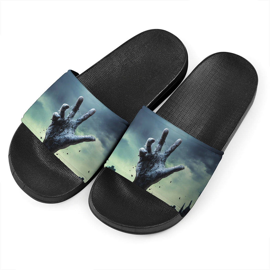 Zombie Hand Rising From Grave Print Black Slide Sandals