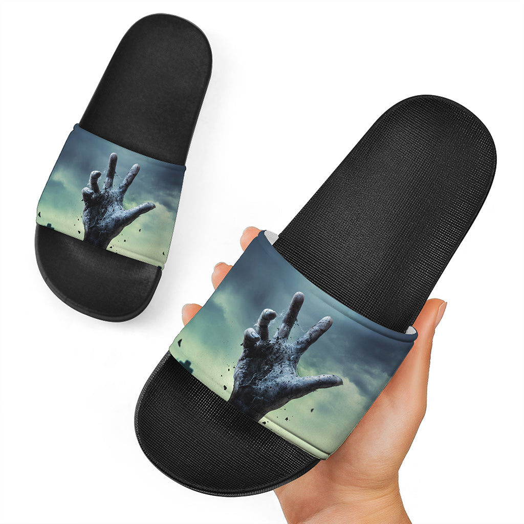 Zombie Hand Rising From Grave Print Black Slide Sandals