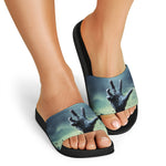 Zombie Hand Rising From Grave Print Black Slide Sandals
