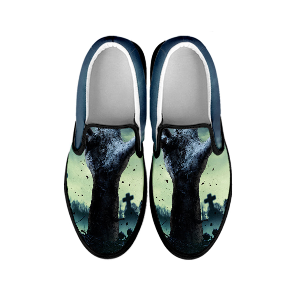 Zombie Hand Rising From Grave Print Black Slip On Shoes