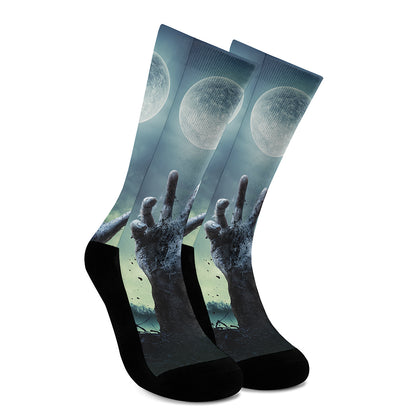 Zombie Hand Rising From Grave Print Crew Socks