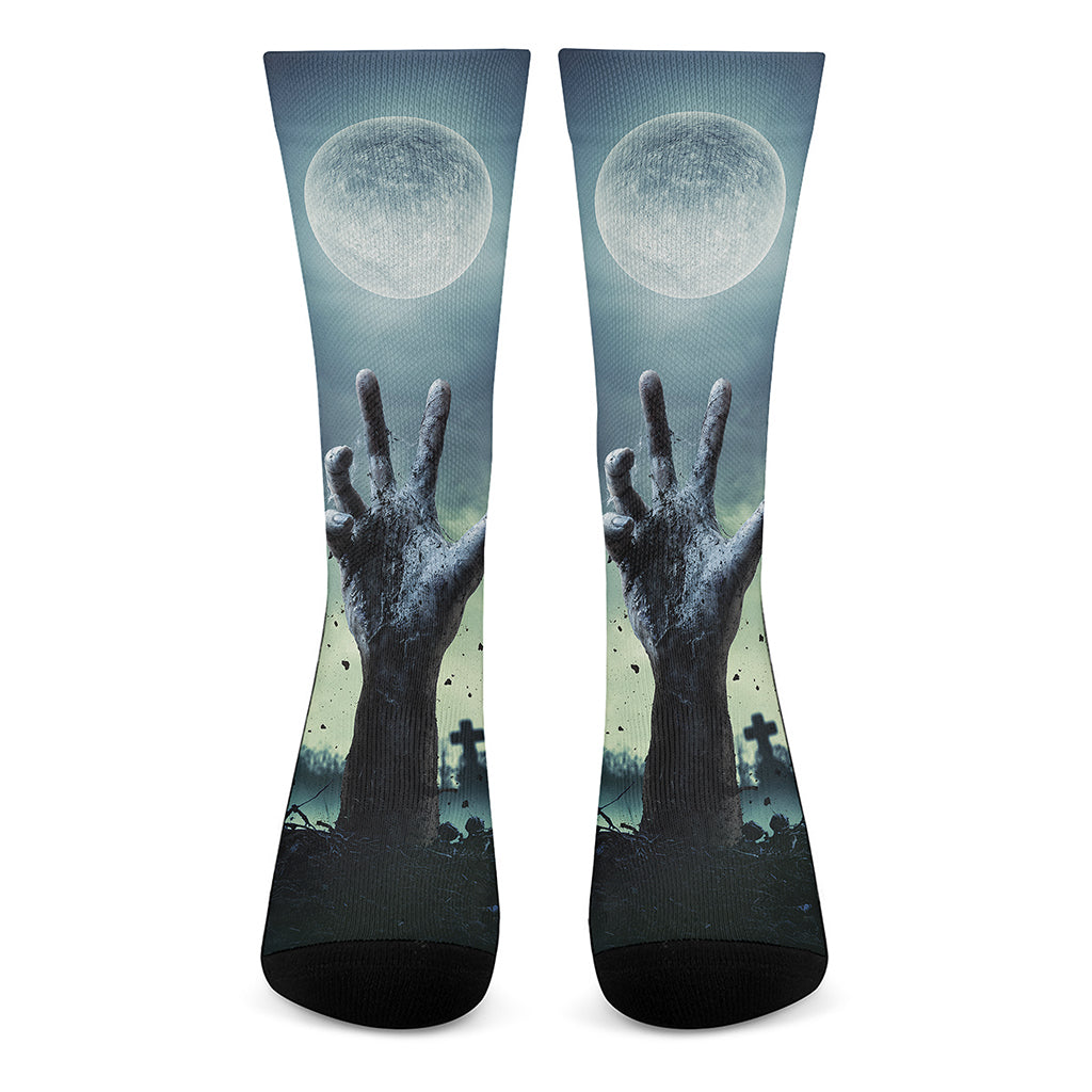 Zombie Hand Rising From Grave Print Crew Socks