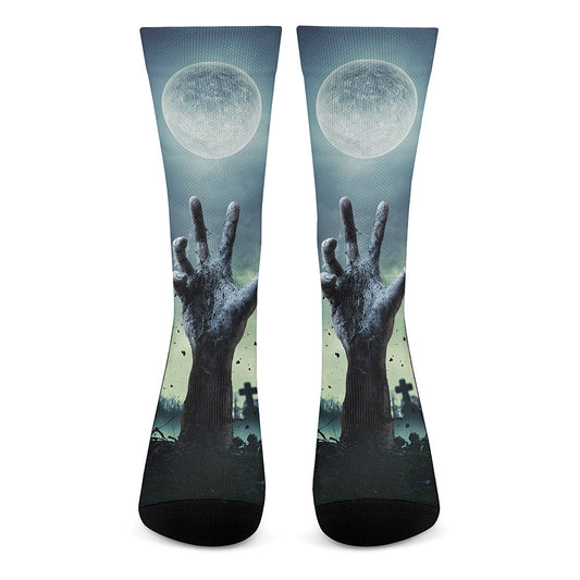 Zombie Hand Rising From Grave Print Crew Socks