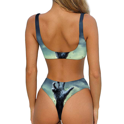 Zombie Hand Rising From Grave Print Front Bow Tie Bikini